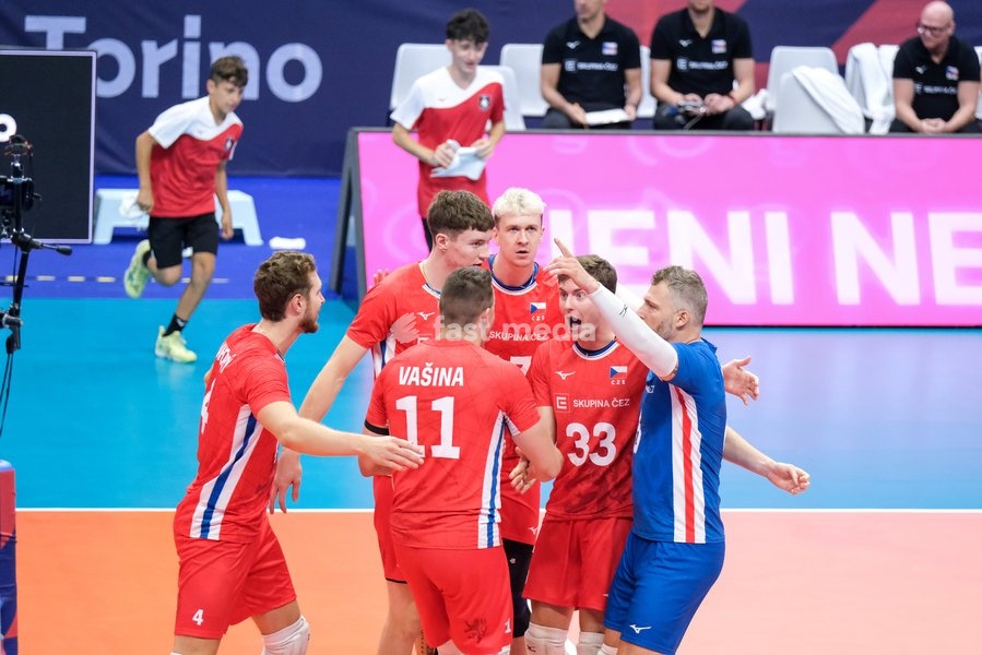 Odrej Roman of Czechia (C) exults with his team during the Belgium vs Czechia match at Final Eight of the CEV Enel EuroVolley 2026 Men at PalaVela in Turin, Italy, on September 21, 2026. Belgium wins the match against Czechia with a score 3-1