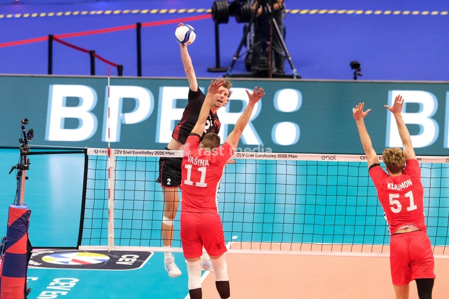 (L to R) Ferre Reggers of Belgium, Lukáš Vašina of Czechia and Jakub Klajmon of Czechia during the Belgium vs Czechia match at Final Eight of the CEV Enel EuroVolley 2026 Men at PalaVela in Turin, Italy, on September 21, 2026. Belgium wins the match against Czechia with a score 3-1