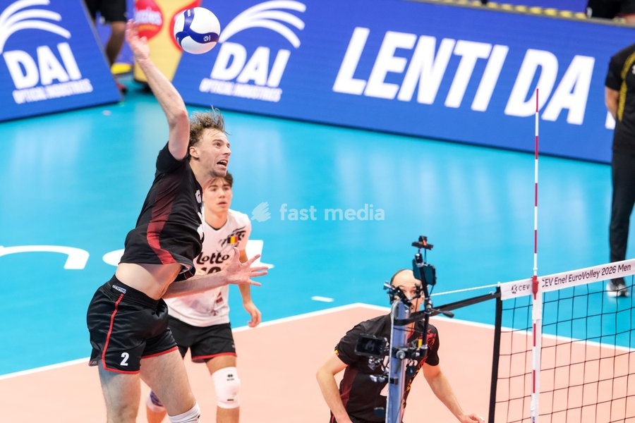 Ferre Reggers of Belgium during the Belgium vs Czechia match at Final Eight of the CEV Enel EuroVolley 2026 Men at PalaVela in Turin, Italy, on September 21, 2026. Belgium wins the match against Czechia with a score 3-1