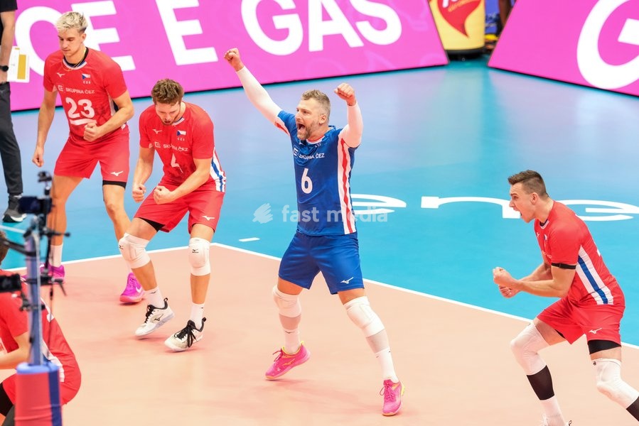 Milan Moník of Czechia (C) during the Belgium vs Czechia match at Final Eight of the CEV Enel EuroVolley 2026 Men at PalaVela in Turin, Italy, on September 21, 2026. Belgium wins the match against Czechia with a score 3-1
