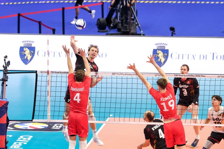 (L to R) Ferre Reggers of Belgium, Lukáš Vašina of Czechia and Jakub Klajmon of Czechia during the Belgium vs Czechia match at Final Eight of the CEV Enel EuroVolley 2026 Men at PalaVela in Turin, Italy, on September 21, 2026. Belgium wins the match against Czechia with a score 3-1