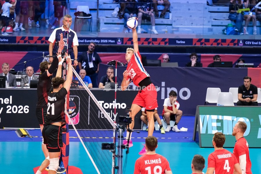 Patrik Indra of Czechia during the Belgium vs Czechia match at Final Eight of the CEV Enel EuroVolley 2026 Men at PalaVela in Turin, Italy, on September 21, 2026. Belgium wins the match against Czechia with a score 3-1