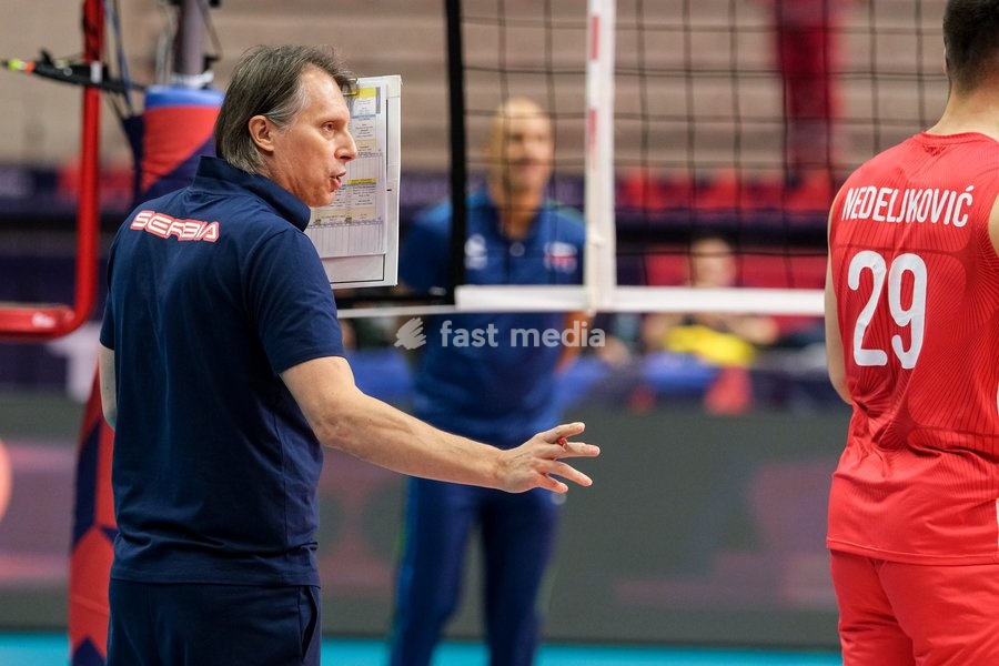 Gheorghe Crețu the Head Coach of Serbia during the Slovenia vs Serbia match at Final Eight of the CEV Enel EuroVolley 2026 Men at PalaVela in Turin, Italy, on September 21, 2026. Slovenia wins the match against Serbia with a score 3-0
