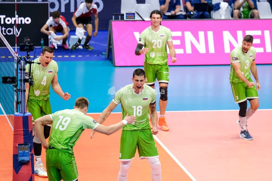 Klemen Cebulj of Slovenia exults during the Slovenia vs Serbia match at Final Eight of the CEV Enel EuroVolley 2026 Men at PalaVela in Turin, Italy, on September 21, 2026. Slovenia wins the match against Serbia with a score 3-0