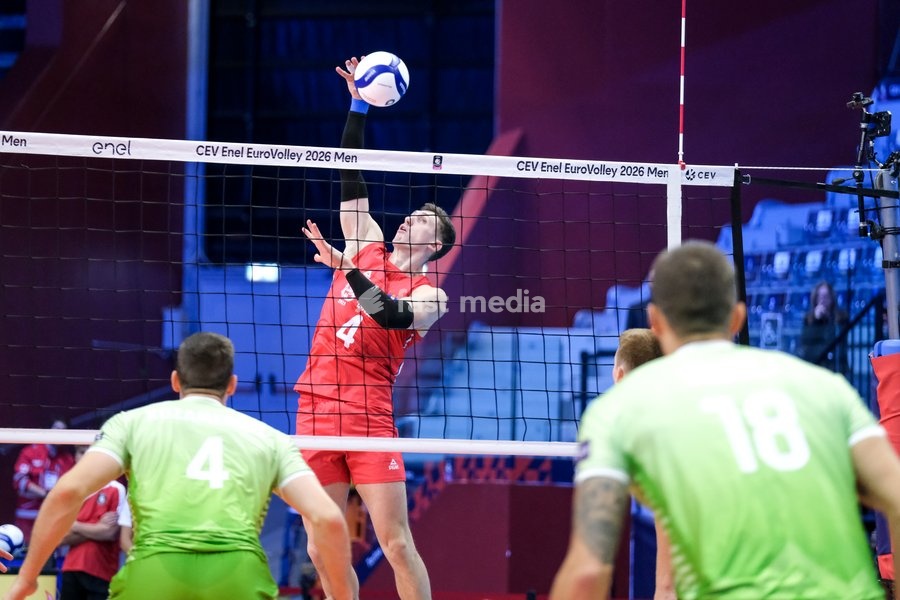 Lazar Marinović of Serbia during the Slovenia vs Serbia match at Final Eight of the CEV Enel EuroVolley 2026 Men at PalaVela in Turin, Italy, on September 21, 2026. Slovenia wins the match against Serbia with a score 3-0