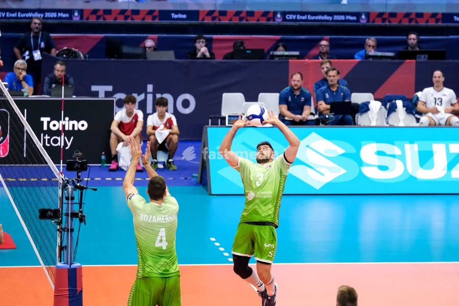 Uroš Planinšič of Slovenia during the Slovenia vs Serbia match at Final Eight of the CEV Enel EuroVolley 2026 Men at PalaVela in Turin, Italy, on September 21, 2026. Slovenia wins the match against Serbia with a score 3-0