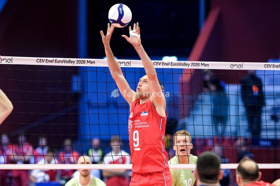 Nikola Jovović of Serbia during the Slovenia vs Serbia match at Final Eight of the CEV Enel EuroVolley 2026 Men at PalaVela in Turin, Italy, on September 21, 2026. Slovenia wins the match against Serbia with a score 3-0