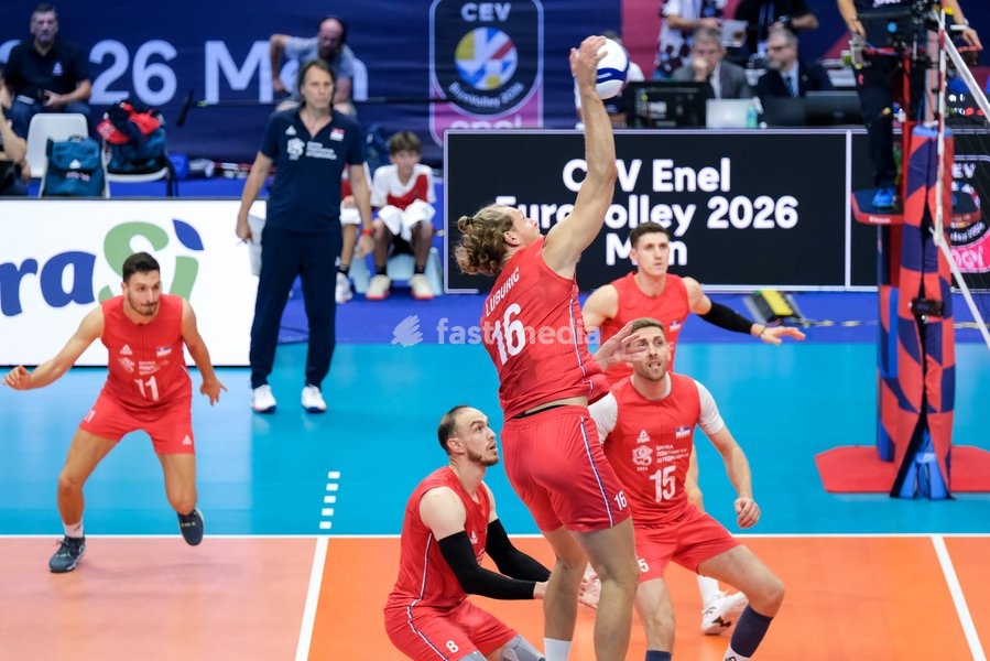 Dražen Luburić of Serbia during the Slovenia vs Serbia match at Final Eight of the CEV Enel EuroVolley 2026 Men at PalaVela in Turin, Italy, on September 21, 2026. Slovenia wins the match against Serbia with a score 3-0