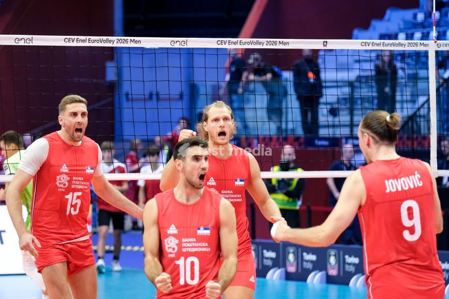 The Serbian players celebrate during the Slovenia vs Serbia match at Final Eight of the CEV Enel EuroVolley 2026 Men at PalaVela in Turin, Italy, on September 21, 2026. Slovenia wins the match against Serbia with a score 3-0
