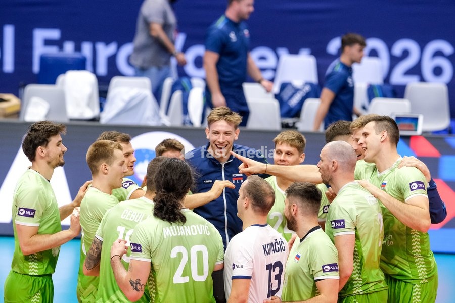 The Slovenian players celebrate during the Slovenia vs Serbia match at Final Eight of the CEV Enel EuroVolley 2026 Men at PalaVela in Turin, Italy, on September 21, 2026. Slovenia wins the match against Serbia with a score 3-0