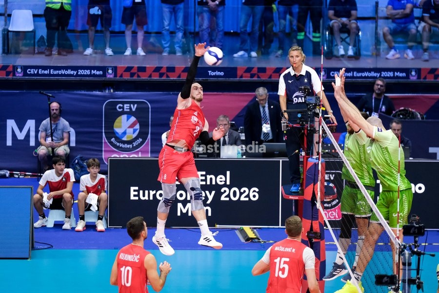 Marko Ivović of Serbia (L) during the Slovenia vs Serbia match at Final Eight of the CEV Enel EuroVolley 2026 Men at PalaVela in Turin, Italy, on September 21, 2026. Slovenia wins the match against Serbia with a score 3-0