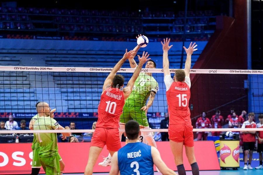 (L to R) Miran Kujundžić of Serbia, Klemen Cebulj of Slovenia and Nemanja Mašulović of Serbia during the Slovenia vs Serbia match at Final Eight of the CEV Enel EuroVolley 2026 Men at PalaVela in Turin, Italy, on September 21, 2026. Slovenia wins the match against Serbia with a score 3-0