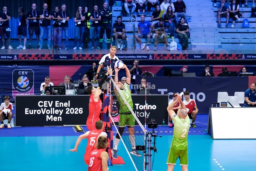 Uroš Planinšič of Slovenia (R) during the Slovenia vs Serbia match at Final Eight of the CEV Enel EuroVolley 2026 Men at PalaVela in Turin, Italy, on September 21, 2026. Slovenia wins the match against Serbia with a score 3-0
