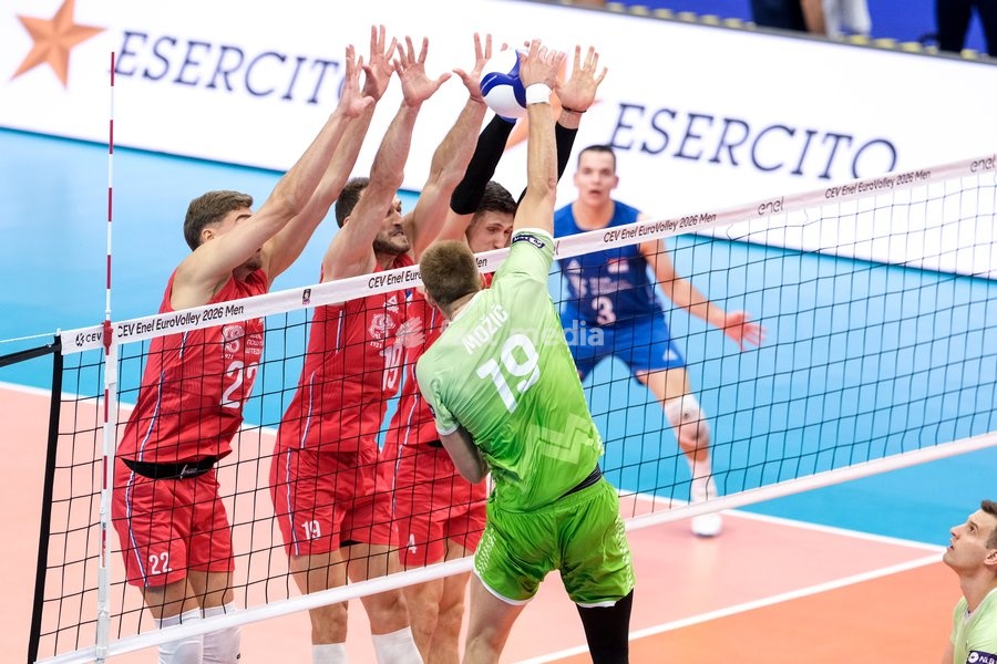 Rok Možič of Slovenia (C) during the Slovenia vs Serbia match at Final Eight of the CEV Enel EuroVolley 2026 Men at PalaVela in Turin, Italy, on September 21, 2026. Slovenia wins the match against Serbia with a score 3-0