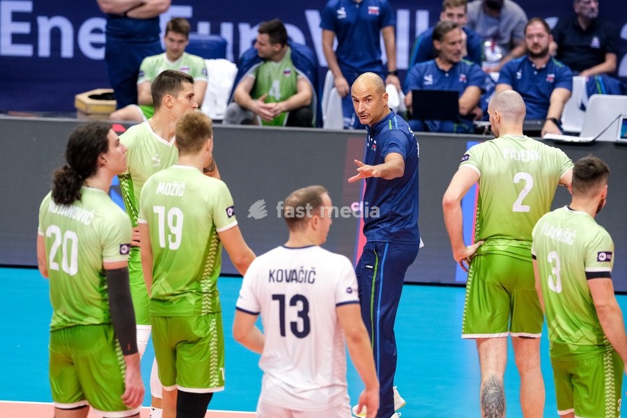 Fabio Soli the Head Coach of Slovenia (C) during the Slovenia vs Serbia match at Final Eight of the CEV Enel EuroVolley 2026 Men at PalaVela in Turin, Italy, on September 21, 2026. Slovenia wins the match against Serbia with a score 3-0