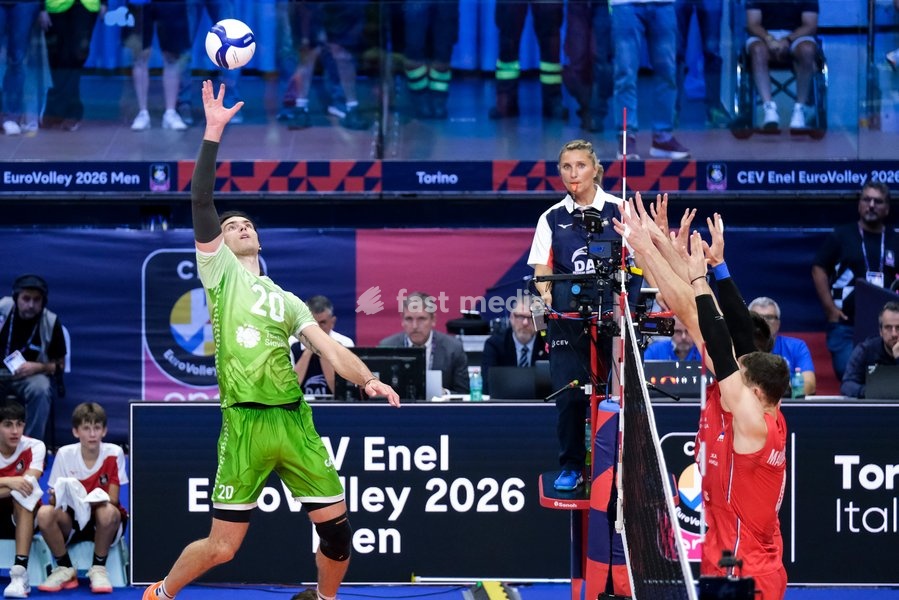 Nik Mujanović of Slovenia (L) during the Slovenia vs Serbia match at Final Eight of the CEV Enel EuroVolley 2026 Men at PalaVela in Turin, Italy, on September 21, 2026. Slovenia wins the match against Serbia with a score 3-0