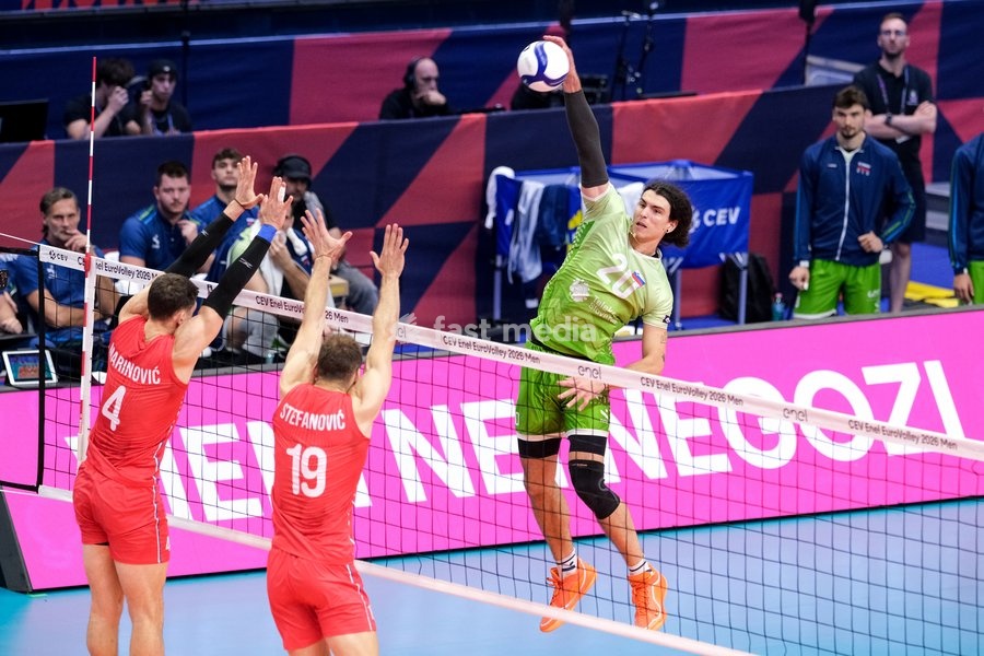 Nik Mujanović of Slovenia during the Slovenia vs Serbia match at Final Eight of the CEV Enel EuroVolley 2026 Men at PalaVela in Turin, Italy, on September 21, 2026. Slovenia wins the match against Serbia with a score 3-0