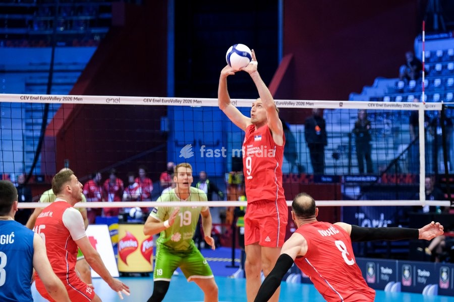Nikola Jovović of Serbia during the Slovenia vs Serbia match at Final Eight of the CEV Enel EuroVolley 2026 Men at PalaVela in Turin, Italy, on September 21, 2026. Slovenia wins the match against Serbia with a score 3-0