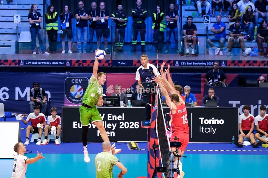Rok Možič of Slovenia (L) during the Slovenia vs Serbia match at Final Eight of the CEV Enel EuroVolley 2026 Men at PalaVela in Turin, Italy, on September 21, 2026. Slovenia wins the match against Serbia with a score 3-0