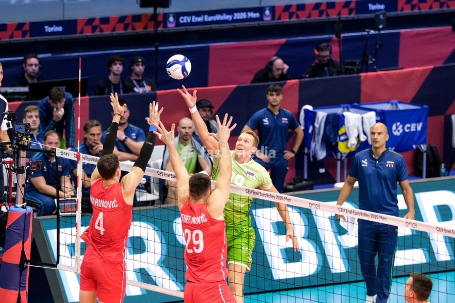 Rok Možič of Slovenia during the Slovenia vs Serbia match at Final Eight of the CEV Enel EuroVolley 2026 Men at PalaVela in Turin, Italy, on September 21, 2026. Slovenia wins the match against Serbia with a score 3-0