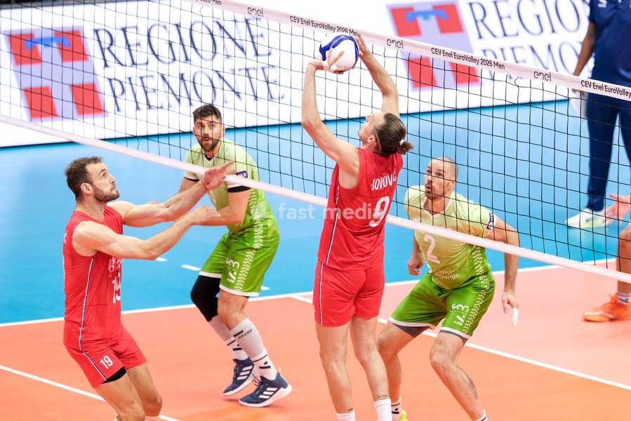 Nikola Jovović of Serbia during the Slovenia vs Serbia match at Final Eight of the CEV Enel EuroVolley 2026 Men at PalaVela in Turin, Italy, on September 21, 2026. Slovenia wins the match against Serbia with a score 3-0