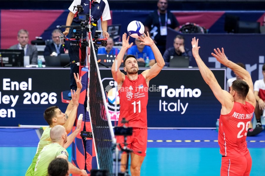 Aleksa Batak of Serbia during the Slovenia vs Serbia match at Final Eight of the CEV Enel EuroVolley 2026 Men at PalaVela in Turin, Italy, on September 21, 2026. Slovenia wins the match against Serbia with a score 3-0