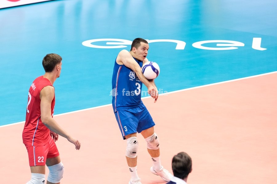 Stefan Negić of Serbia during the Slovenia vs Serbia match at Final Eight of the CEV Enel EuroVolley 2026 Men at PalaVela in Turin, Italy, on September 21, 2026. Slovenia wins the match against Serbia with a score 3-0