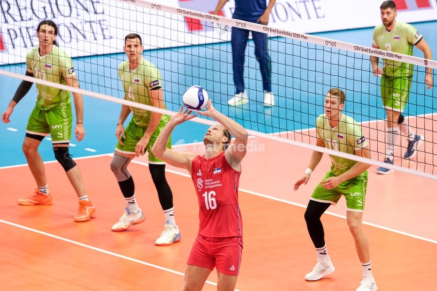 Dražen Luburić of Serbia during the Slovenia vs Serbia match at Final Eight of the CEV Enel EuroVolley 2026 Men at PalaVela in Turin, Italy, on September 21, 2026. Slovenia wins the match against Serbia with a score 3-0