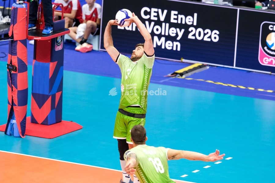 Uroš Planinšič of Slovenia during the Slovenia vs Serbia match at Final Eight of the CEV Enel EuroVolley 2026 Men at PalaVela in Turin, Italy, on September 21, 2026. Slovenia wins the match against Serbia with a score 3-0