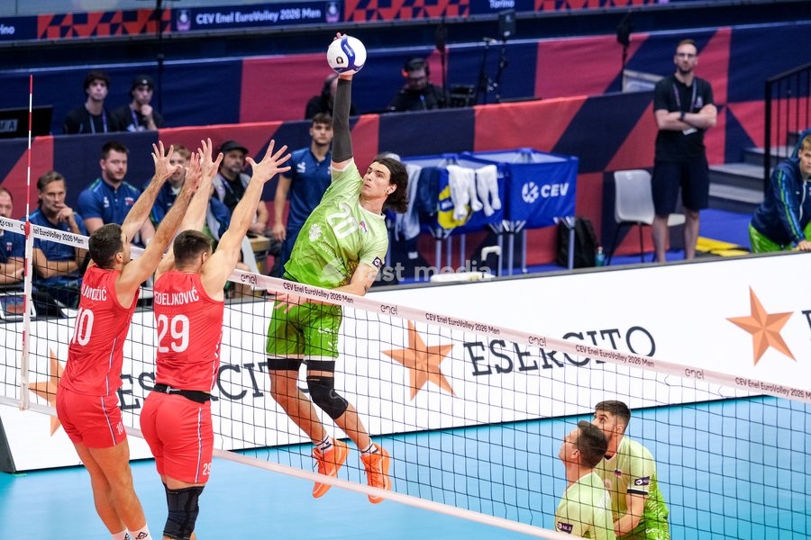 Nik Mujanović of Slovenia during the Slovenia vs Serbia match at Final Eight of the CEV Enel EuroVolley 2026 Men at PalaVela in Turin, Italy, on September 21, 2026. Slovenia wins the match against Serbia with a score 3-0
