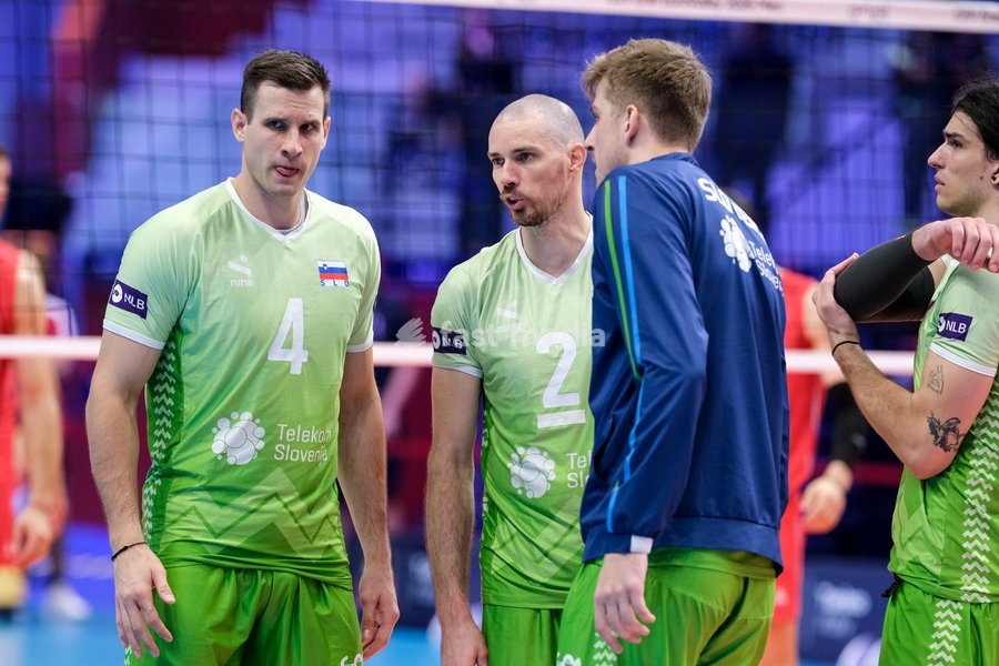 Jan Kozamernik of Slovenia (L) and Alen Pajenk of Slovenia (R) during the Slovenia vs Serbia match at Final Eight of the CEV Enel EuroVolley 2026 Men at PalaVela in Turin, Italy, on September 21, 2026. Slovenia wins the match against Serbia with a score 3-0