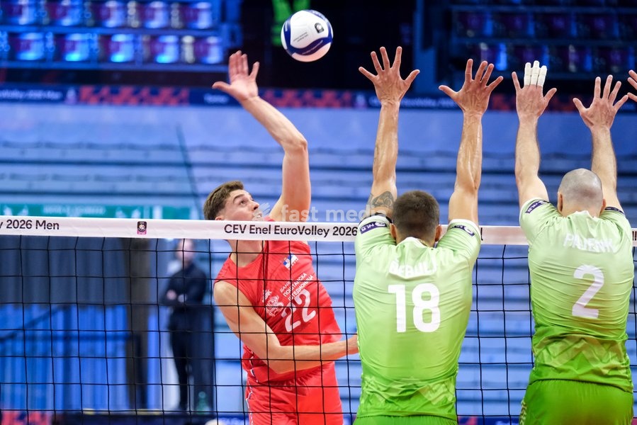 (L to R) Veljko Mašulović of Serbia, Klemen Cebulj of Slovenia and Alen Pajenk of Slovenia during the Slovenia vs Serbia match at Final Eight of the CEV Enel EuroVolley 2026 Men at PalaVela in Turin, Italy, on September 21, 2026. Slovenia wins the match against Serbia with a score 3-0