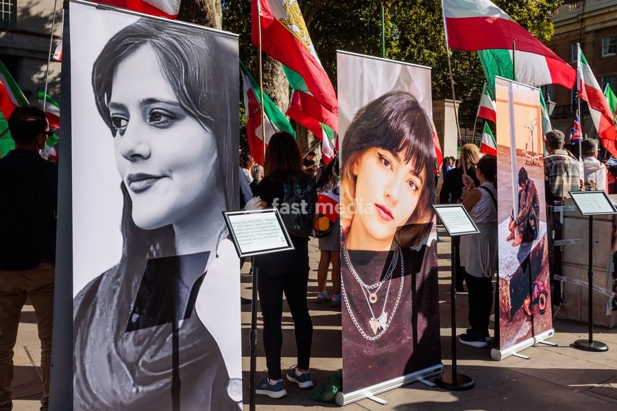 Richmond Terrace, London, UK. 20th Sept 2026. The Iranian diaspora and allies gather opposite Downing Street ahead of a powerful march to mark the fourth anniversary of the state kiling of Mahsa Amini, and to call for a regime change in Iran. Huge banners showing Mahsa and 16 year old Nika…