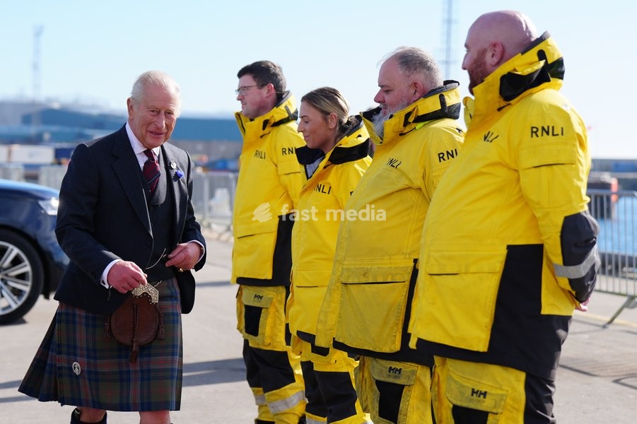 King Charles III (left) during a visit to Peterhead Port, Aberdeenshire, to meet organisations involved in the area's local energy ecosystem, which is helping to drive the UK's transition to clean and renewable energy. Picture date: Tuesday September 22, 2026