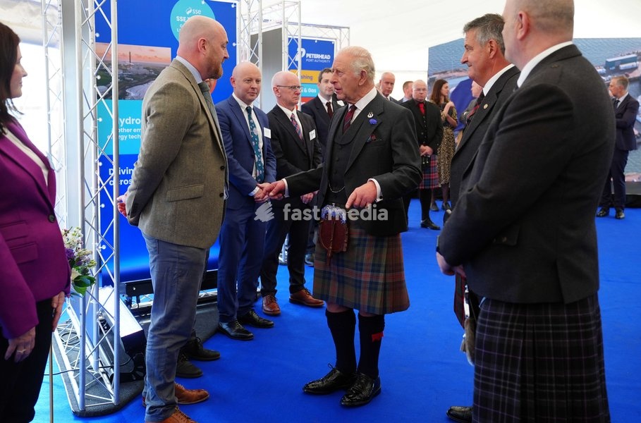 King Charles III during a visit to Peterhead Port, Aberdeenshire, to meet organisations involved in the area's local energy ecosystem, which is helping to drive the UK's transition to clean and renewable energy. Picture date: Tuesday September 22, 2026
