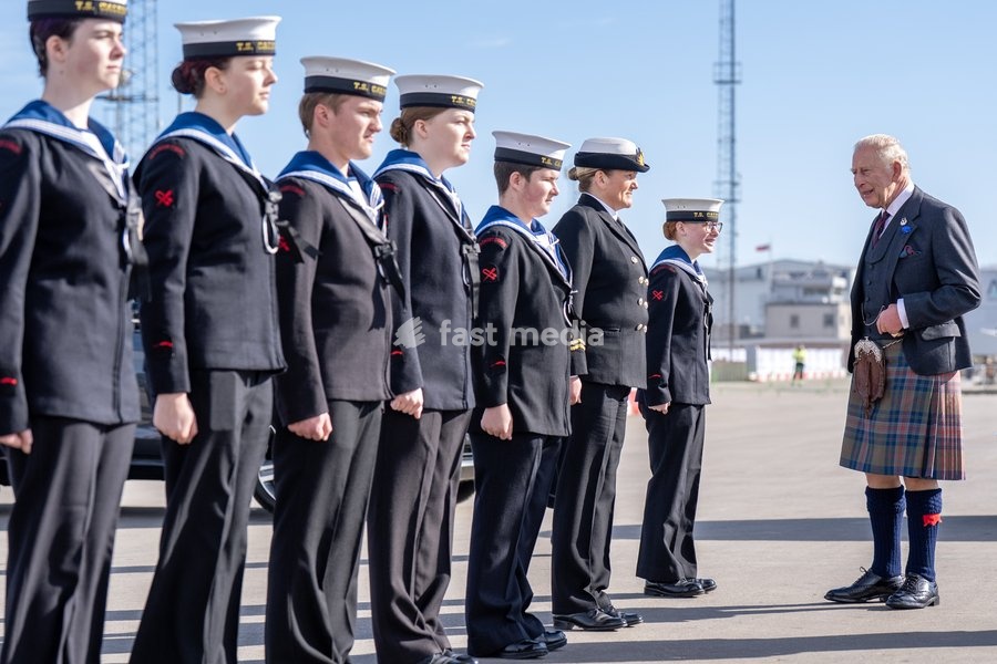 King Charles III meets members of the Sea Cadets during a visit to Peterhead Port, Aberdeenshire, to meet organisations involved in the area's local energy ecosystem, which is helping to drive the UK's transition to clean and renewable energy. Picture date: Tuesday September 22, 2026