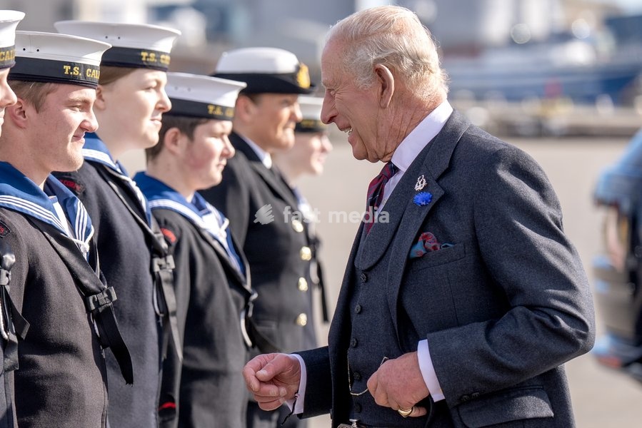 King Charles III meets members of the Sea Cadets during a visit to Peterhead Port, Aberdeenshire, to meet organisations involved in the area's local energy ecosystem, which is helping to drive the UK's transition to clean and renewable energy. Picture date: Tuesday September 22, 2026