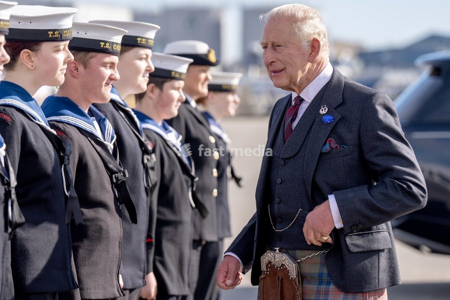King Charles III meets members of the Sea Cadets during a visit to Peterhead Port, Aberdeenshire, to meet organisations involved in the area's local energy ecosystem, which is helping to drive the UK's transition to clean and renewable energy. Picture date: Tuesday September 22, 2026