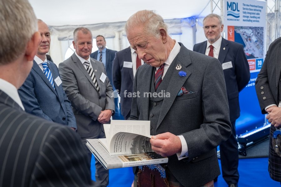 King Charles III during a visit to Peterhead Port, Aberdeenshire, to meet organisations involved in the area's local energy ecosystem, which is helping to drive the UK's transition to clean and renewable energy. Picture date: Tuesday September 22, 2026