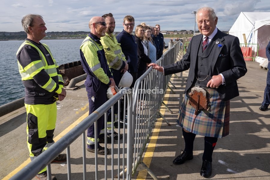 King Charles III during a visit to Peterhead Port, Aberdeenshire, to meet organisations involved in the area's local energy ecosystem, which is helping to drive the UK's transition to clean and renewable energy. Picture date: Tuesday September 22, 2026