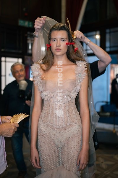 A model seen backstage at the Aadnevik Catwalk Show 2026 on September 20, 2026 in London, England