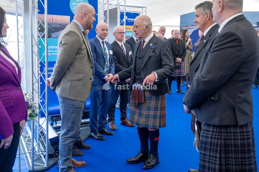 King Charles III during a visit to Peterhead Port, Aberdeenshire, to meet organisations involved in the area's local energy ecosystem, which is helping to drive the UK's transition to clean and renewable energy. Picture date: Tuesday September 22, 2026
