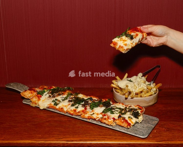 Truffle, Broccoli and Mushroom Pizzette with Fior di latte & pomodoro, Tenderstem broccoli, portobello mushroom and truffle oil at the Drag Bottoms Up Brunch at Clays Bar