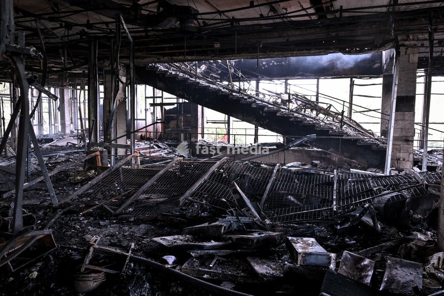 The fire-stricken Intrade shopping centre shows damage caused by a Russian drone attack, Zaporizhzhia, Ukraine, September 21, 2026. Overnight, Russian forces struck the city with strike UAVs and an FPV drone. The attack destroyed a shopping centre, damaged a university building and multi-storey…