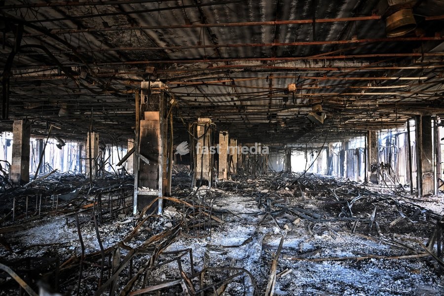 The fire-stricken Intrade shopping centre shows damage caused by a Russian drone attack, Zaporizhzhia, Ukraine, September 21, 2026. Overnight, Russian forces struck the city with strike UAVs and an FPV drone. The attack destroyed a shopping centre, damaged a university building and multi-storey…