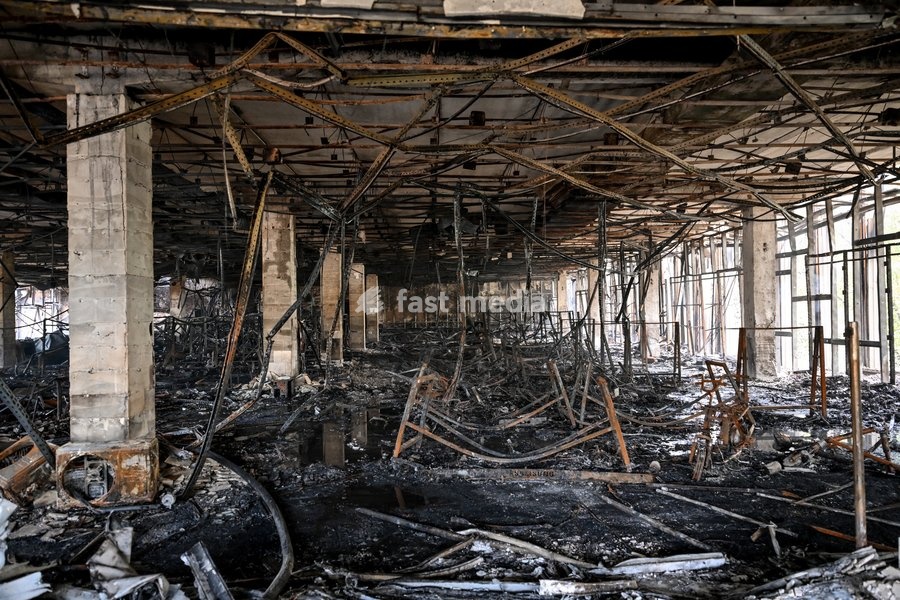 The fire-stricken Intrade shopping centre shows damage caused by a Russian drone attack, Zaporizhzhia, Ukraine, September 21, 2026. Overnight, Russian forces struck the city with strike UAVs and an FPV drone. The attack destroyed a shopping centre, damaged a university building and multi-storey…