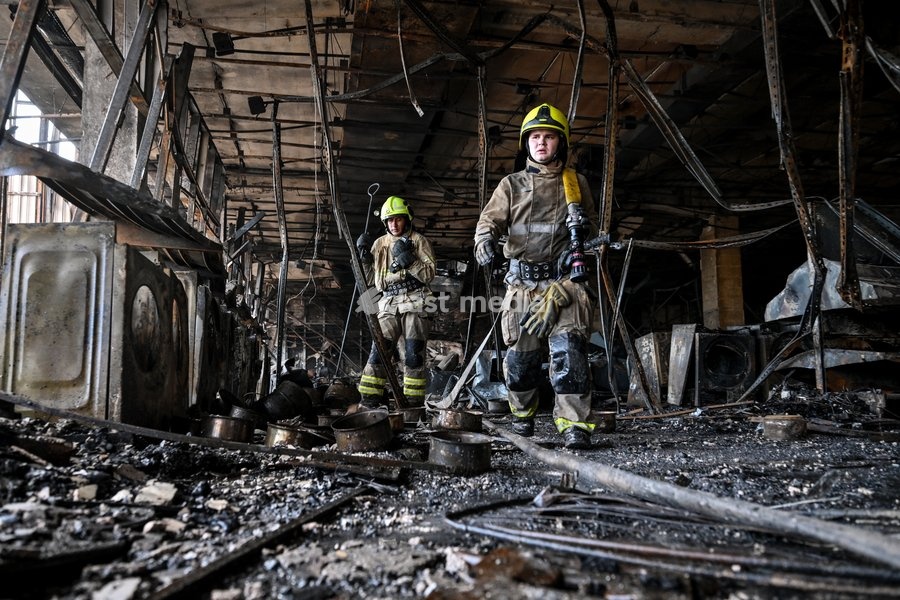 State Emergency Service rescuers search for hotspots during a response effort in the Intrade shopping centre, which burned down following a Russian drone attack, Zaporizhzhia, Ukraine, September 21, 2026. Overnight, Russian forces struck the city with strike UAVs and an FPV drone. The attack…