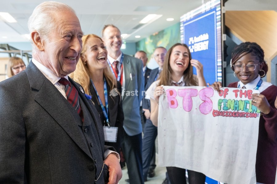 King Charles III meets pupils from Harlaw Academy during a visit to the new Great British Energy headquarters in Aberdeen to meet with representatives working across North East Scotland supporting the United Kingdom’s energy transition. Picture date: Tuesday September 22, 2026