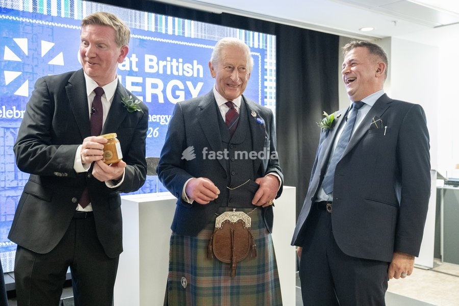 King Charles III is presented with a jar of honey during a visit to the new Great British Energy headquarters in Aberdeen to meet with representatives working across North East Scotland supporting the United Kingdom’s energy transition. Picture date: Tuesday September 22, 2026