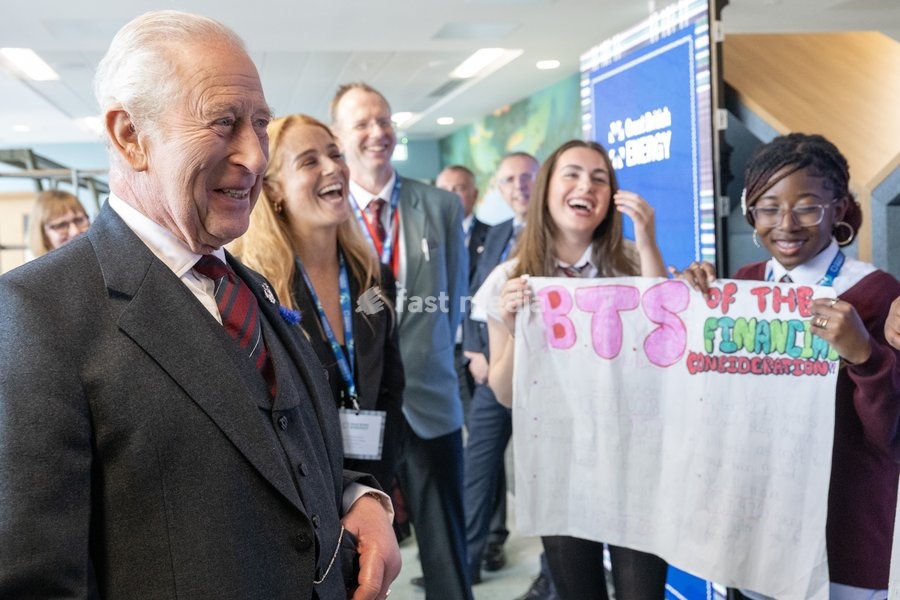 King Charles III meets pupils from Harlaw Academy during a visit to the new Great British Energy headquarters in Aberdeen to meet with representatives working across North East Scotland supporting the United Kingdom’s energy transition. Picture date: Tuesday September 22, 2026